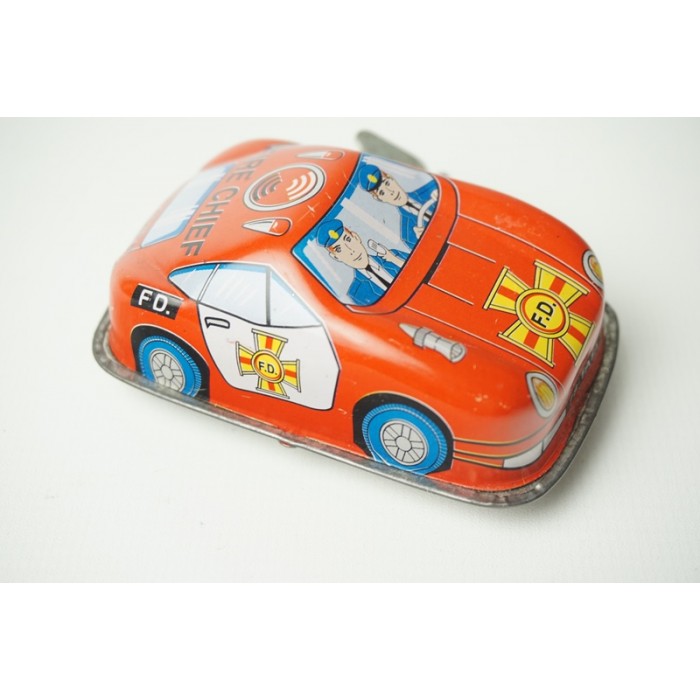 Vintage Russ Berrie Tin Litho Wind-up Toy Porsche 911 Coupe Fire Chief F.D.  Car