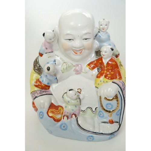 Groot vintage porselein lachende boeddha beeld met 5 kinderen
